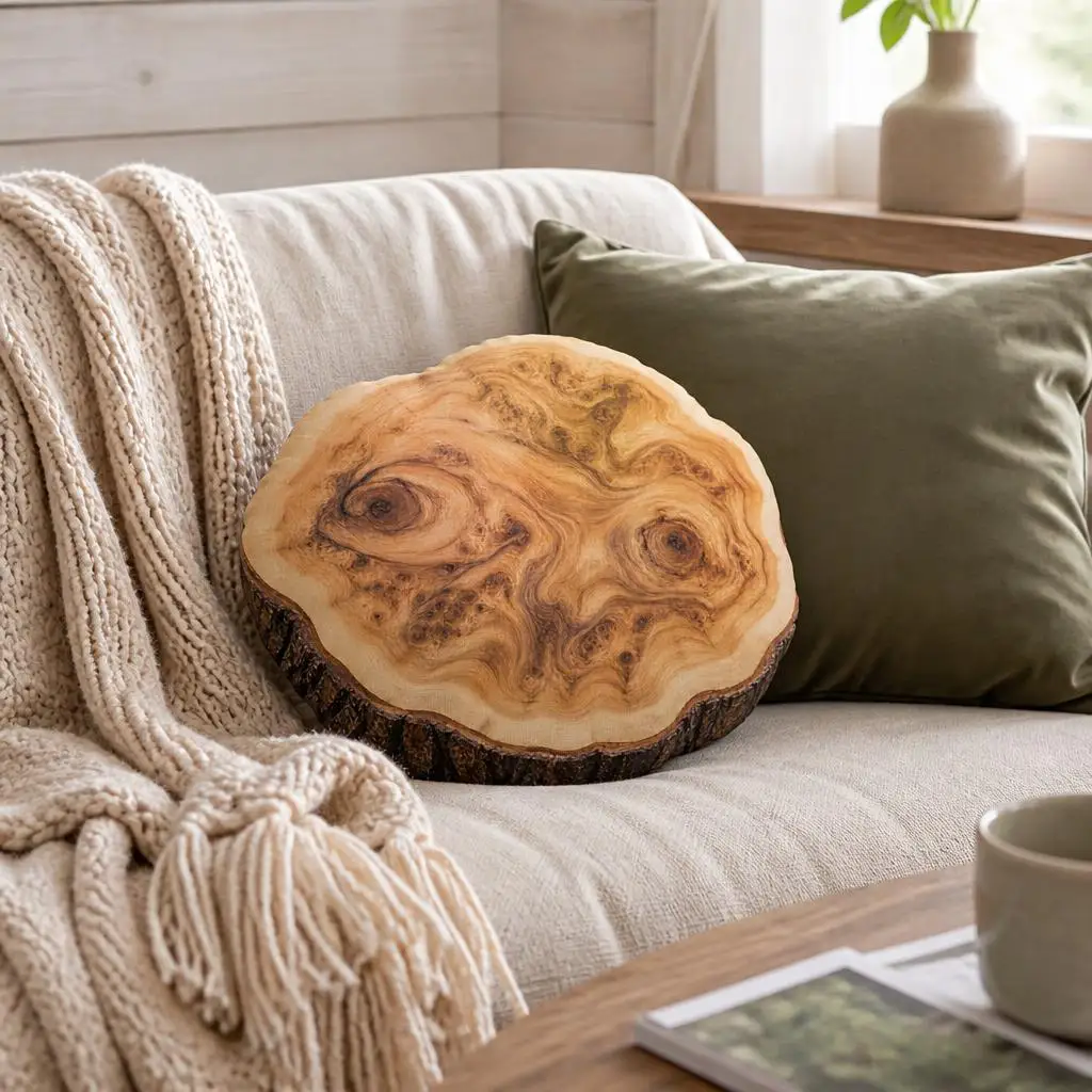 Tree Stump Plush Pillow Wood Slice Throw Cushion Rustic Woodland Log Shaped Stuffed Decorative Accent for Sofa Home Decor
