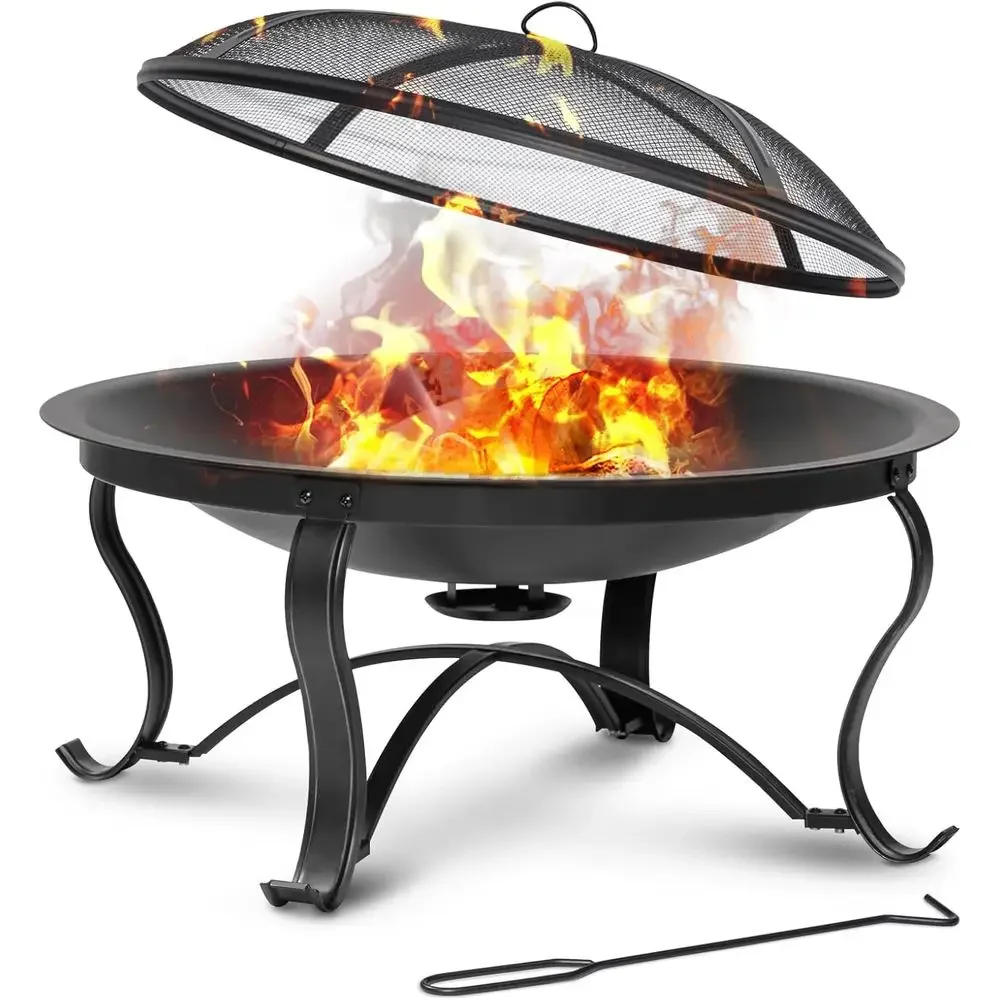 Portable 30 Inch Outdoor Wood Burning Fire Pit with Ash Pan, Spark Screen, Log Grate, Poker, Bronze Finish