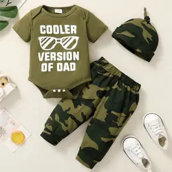 0-18 Months Newborn Baby Boy 3PCS Clothes Set Letters Print Short Sleeve Romper + Camouflage Pants with Hat Casual Outfit