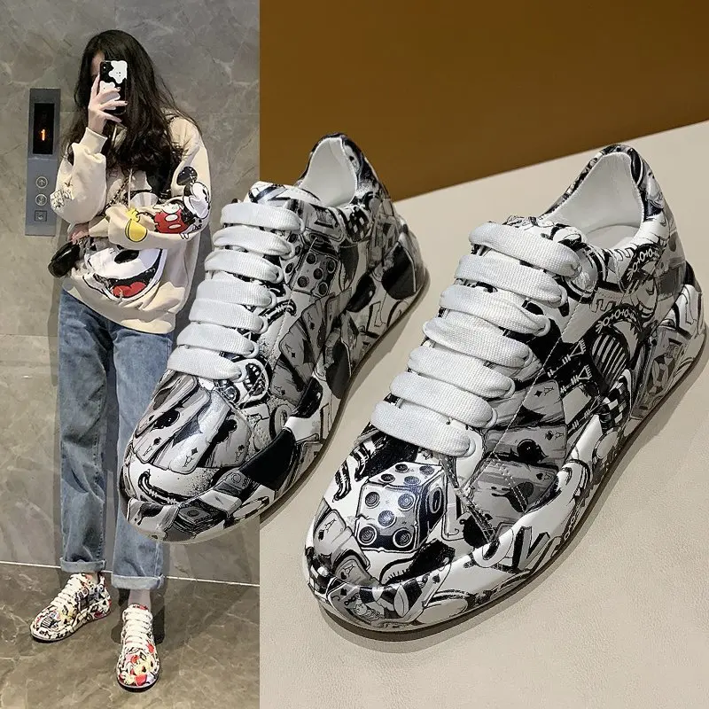 Colorful Dad Shoes for Women 2025 Summer and Autumn New Printed Graffiti Foreign Trade Large Casual Single Shoes for Women