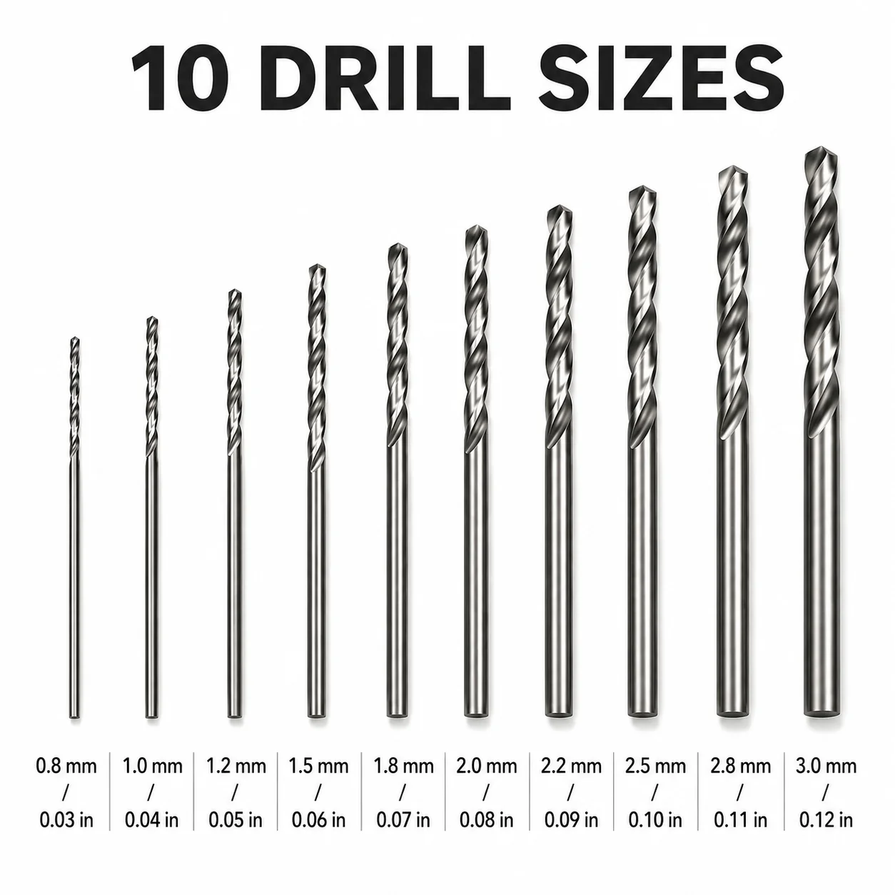 Multi‑Size Mini Twist Drill Bits 10Pcs 0.8‑3.0mm, Versatile Small Bits for Hardwood, Wood, Plastic, Acrylic DIY Drilling