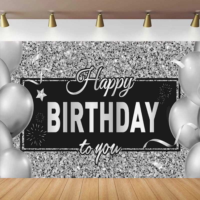 Photography Backdrop Black Silver Balloons Birthday Banner For Kids Adults Anniversary Background Supplies Decor Poster