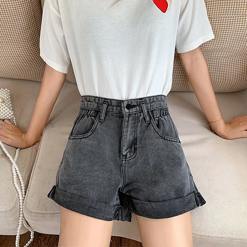 Smoke Grey A-Line Short Pants Women's High Waist Loose Fit Flip-Up Hem Denim Jeans Outerwear Summer Trend plus Size Hot Shorts