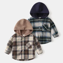 Autumn Children Boys Outerwear Coat New Cotton Plaid Long Sleeve Baby Boys Jacket Loose Casual Spliced Toddler Boys Hooded Shirt