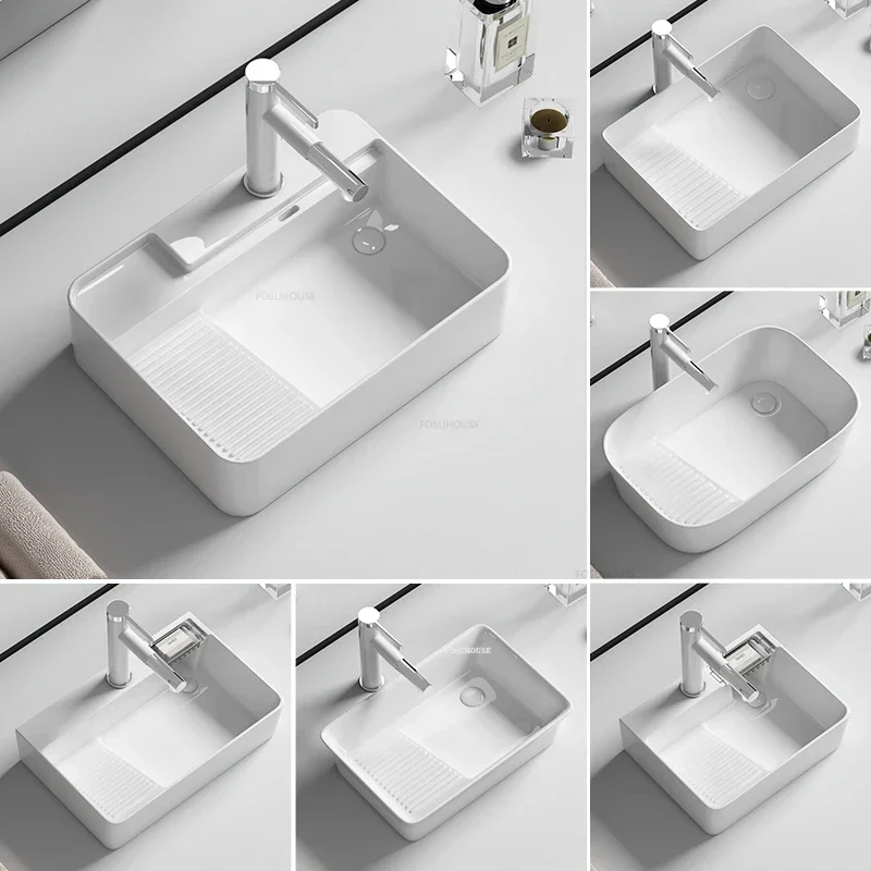 Ceramic Countertop Basin Bathroom Sinks Washing Machine Cabinet Side Drain Washbasin with Washboard Balcony Small Size Washbasin