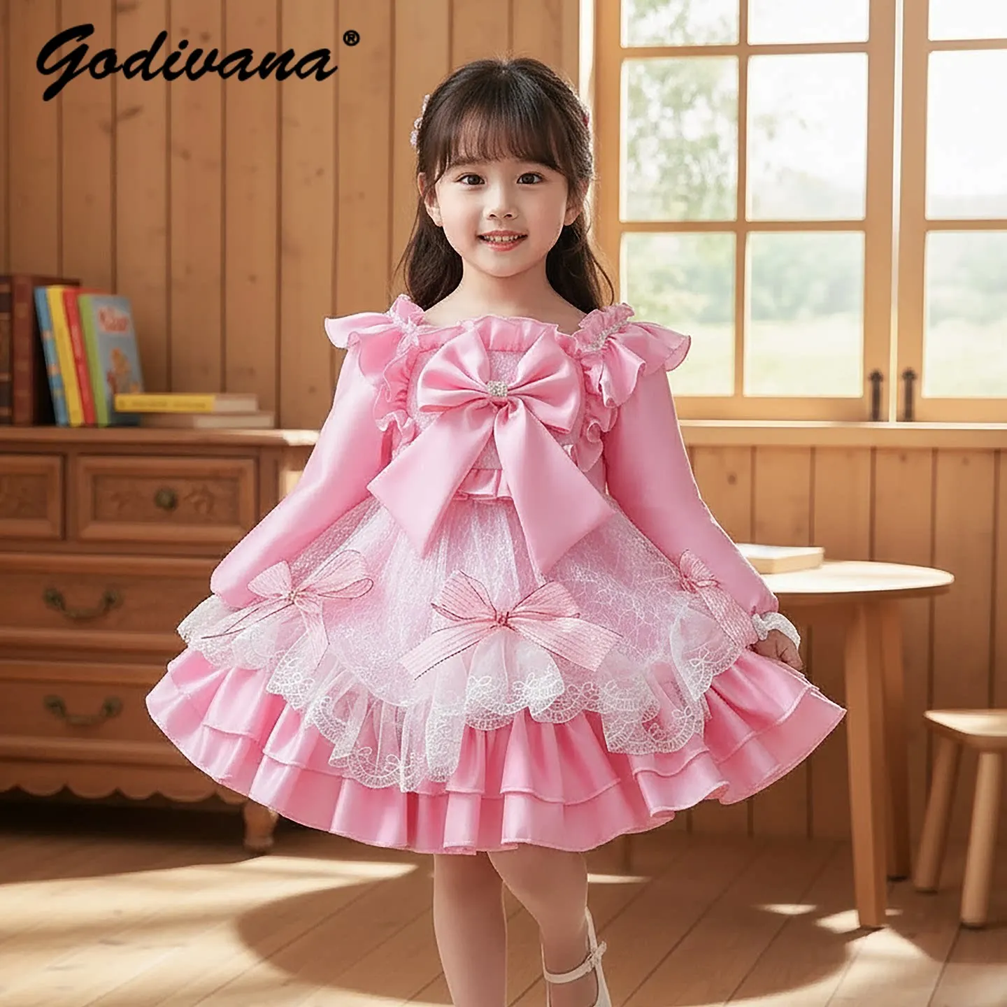 

Sweet Little Girls Spring and Autumn New Princess Lolita Dress Kids Ruffle Trim Bow Long Sleeve Mesh Puffy Birthday Party Gown