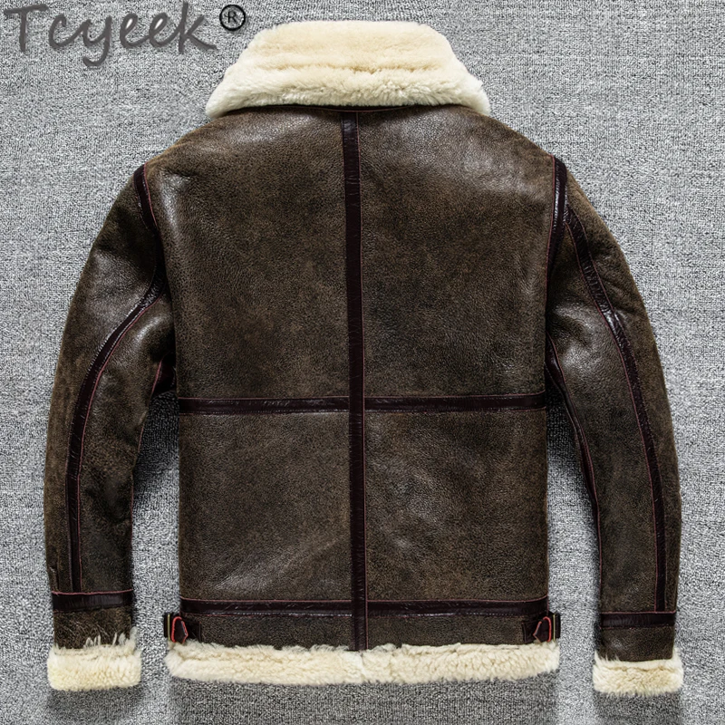 Tcyeek-Casaco de pele de carneiro genuíno masculino, jaqueta de pele masculina 100% natural, casaco B3, pano quente de shearling de ovelha, alta qualidade