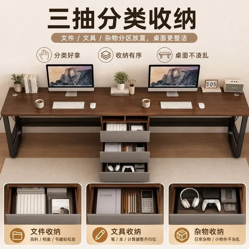 for Double Computer Desk Long Study Work Desk with Storage for Bedroom Home Office