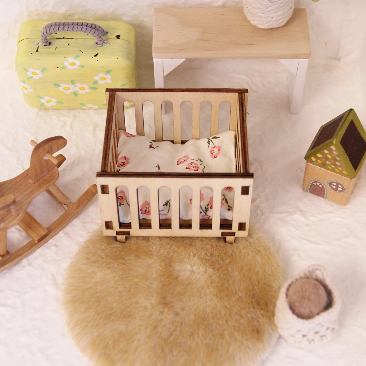 Miniature Furniture Square Wooden Bed + Carpet 1:12 Mini House Decoration Accessories Available in Two Colors