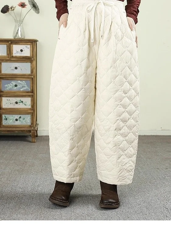 بنطلون قطني مبطن خفيف الوزن بحزام ريترو سروال هارلان عالي الخصر مطاطي دافئ كاجوال فضفاض مناسب لمنتصف العمر...