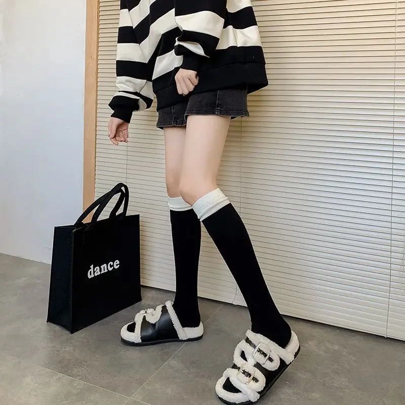 2 Pairs Ribbed Color Blocked Long Socks Autumn Striped Stacked Socks Solid Color Women's Street Fashion Leisure Knee High Socks