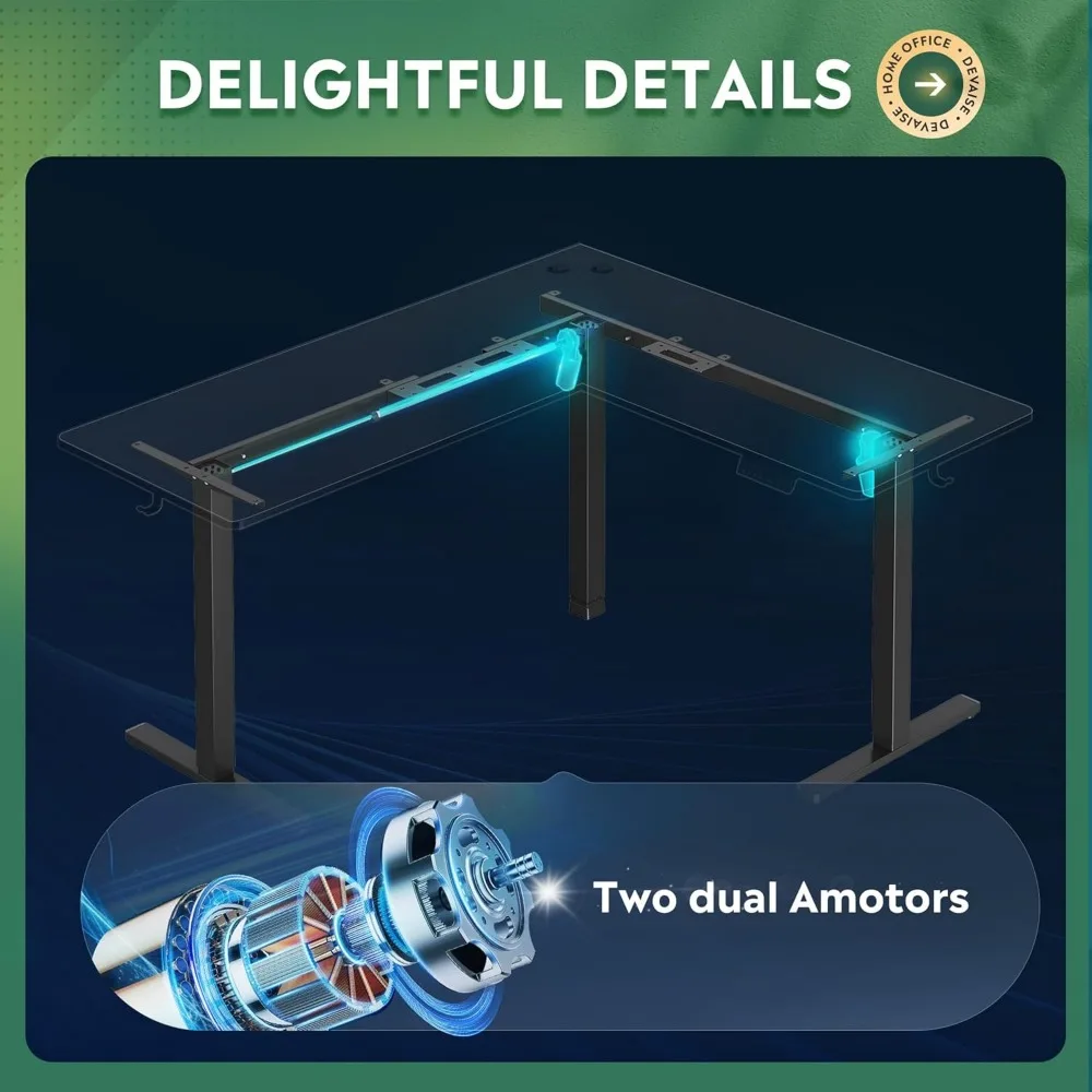 مكتب قائم على شكل حرف L بارتفاع قابل للتعديل، مكتب قائم بزاوية كهربائية بمحرك مزدوج، مقاس 63 × 55 بوصة، مكتب مكتب منزلي مع