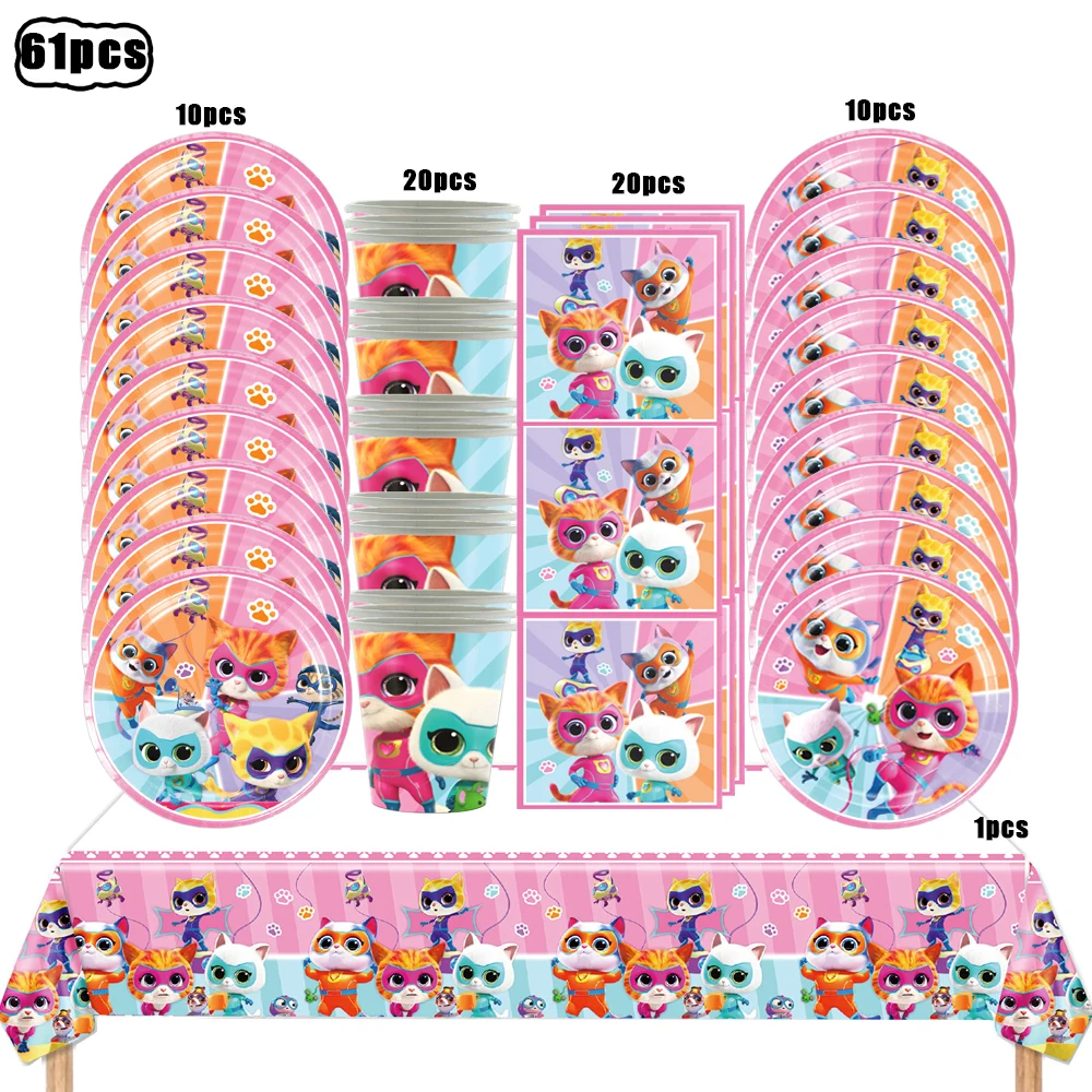 Superkitties Happy Birthday Party Decor Paw Meow Cat Super Kitties Geschirr Tischdecke Teller Tasse Geschenkset Kinderparty-Spielzeug