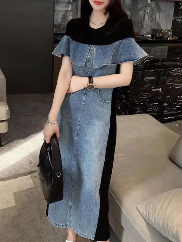 UCXQ High Street New Fashionable Loose Long Denim Dress For Women's Ruffled Patchwork Pocket Dresses 2024 Spring Autumn 23A7393