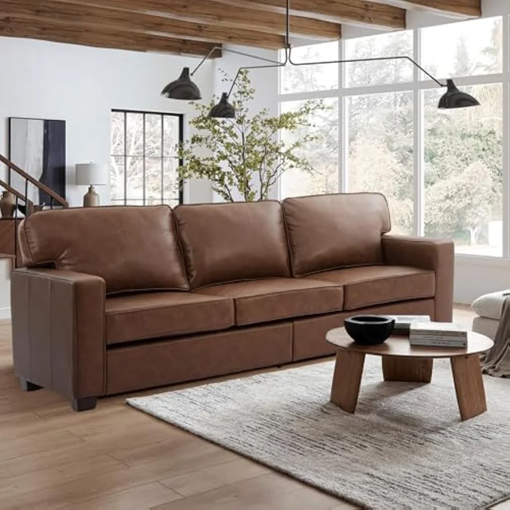 

Modern PU Faux Leather Couch - High-Density Foam & Built-in Springs, 3-Seat Sofa with Solid Wood Legs for Living Room