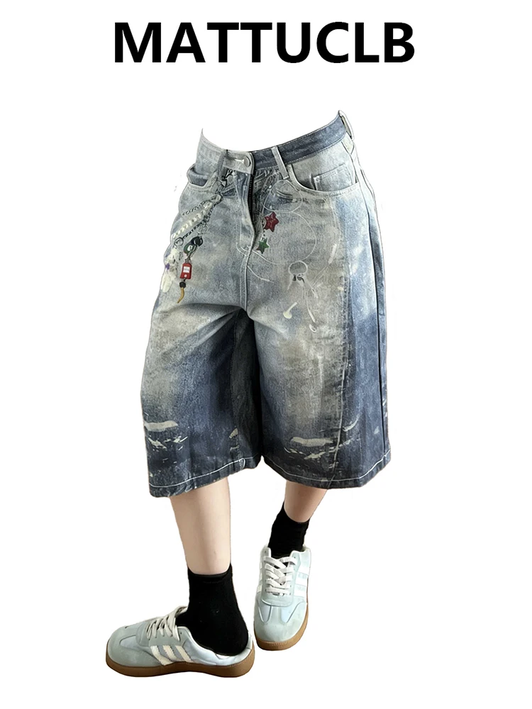

2026 Summer Women American Retro Print Jorts Boyfriend Jean Shorts Hip-pop Denim Shorts Y2K 2000s Japanese Harajuku Calf-Length