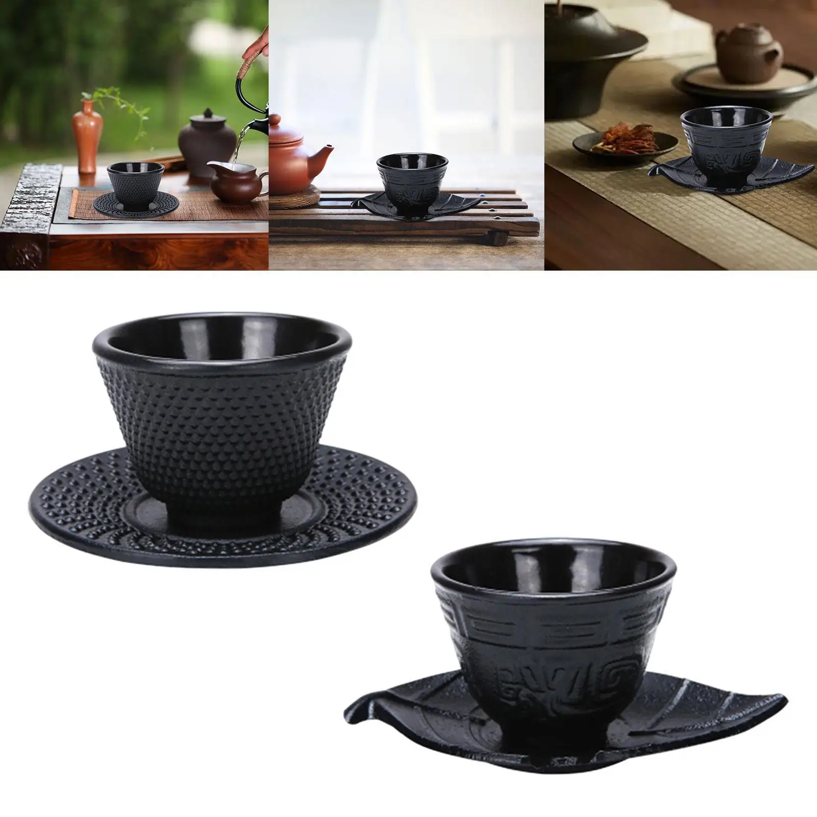 Taza de té de hierro fundido con base, taza de té vintage, vajilla única, taza de té ornamental, taza de trabajo, taza de té de kungfú negra