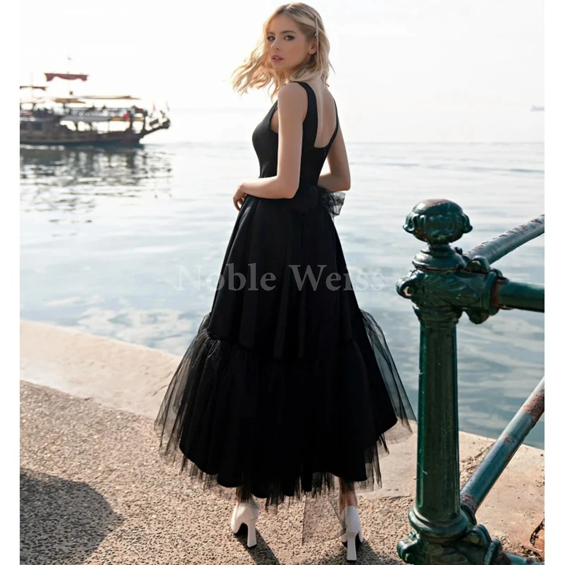 Women Square Collar Prom Dresses Tea Length Tulle Pleat Sleeveless Wedding Party Customize