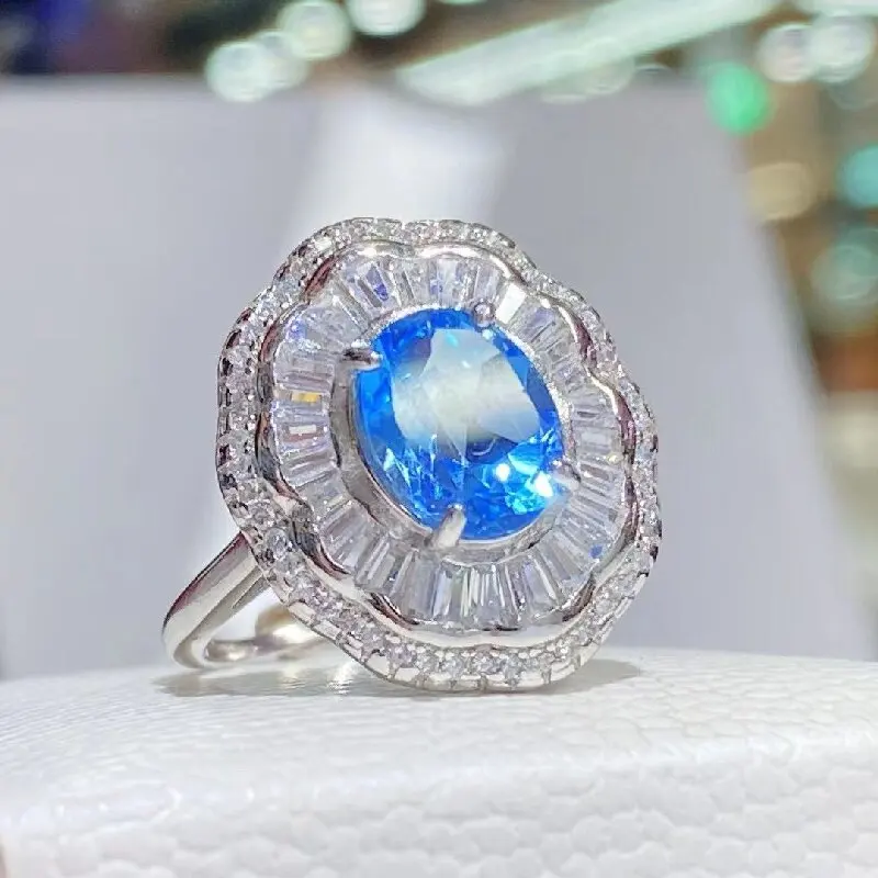 

Best Seller Topaz Fine Jewelry Woman Topaz Ring With Natural Switzerland Blue Topaz Gemstone 7*9mm Lady Jewelry Topaz Ring