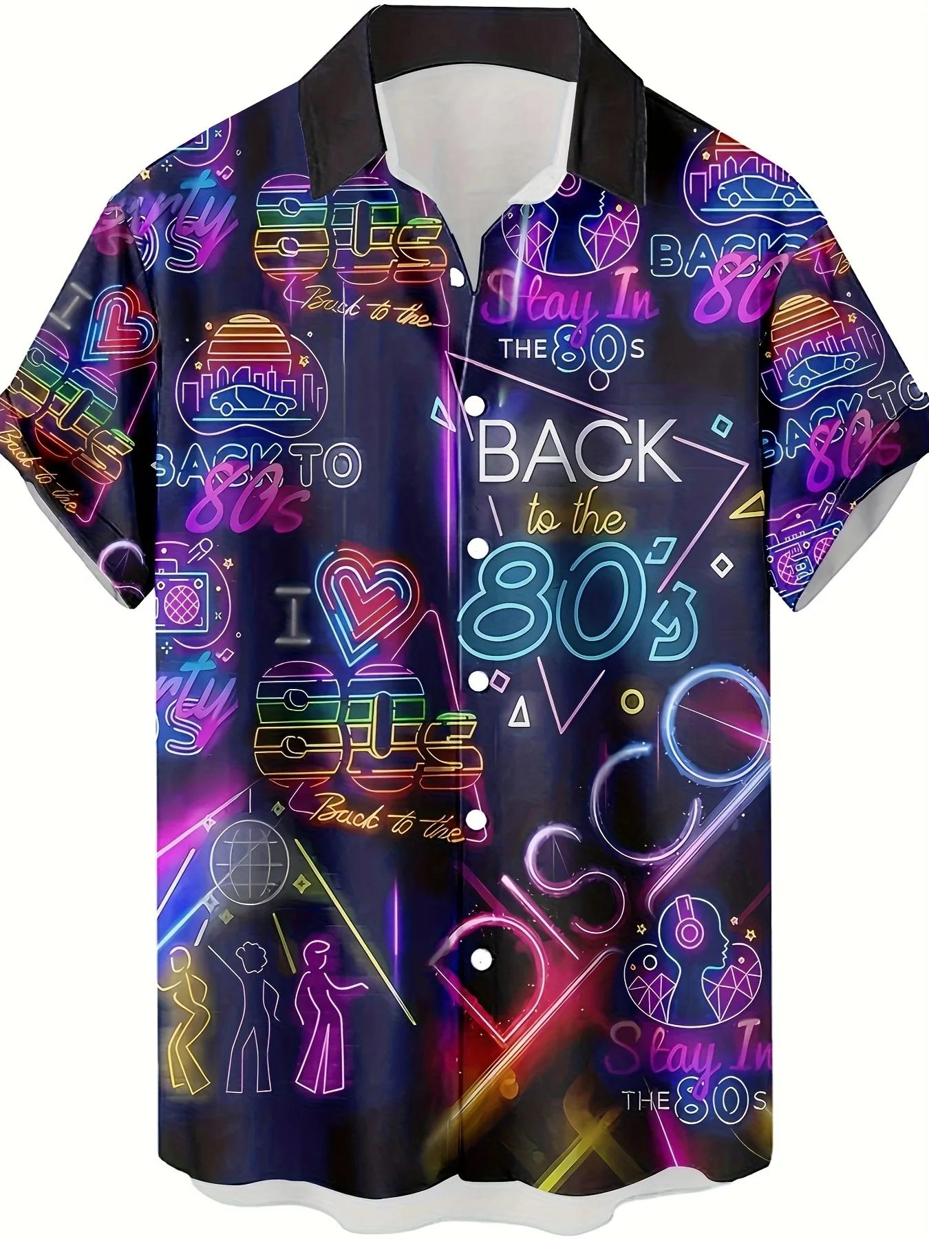 Mens Retro 80s Neon Disco Print Short Sleeve Turn Collar Button Casual Hawaiian Party Shirt