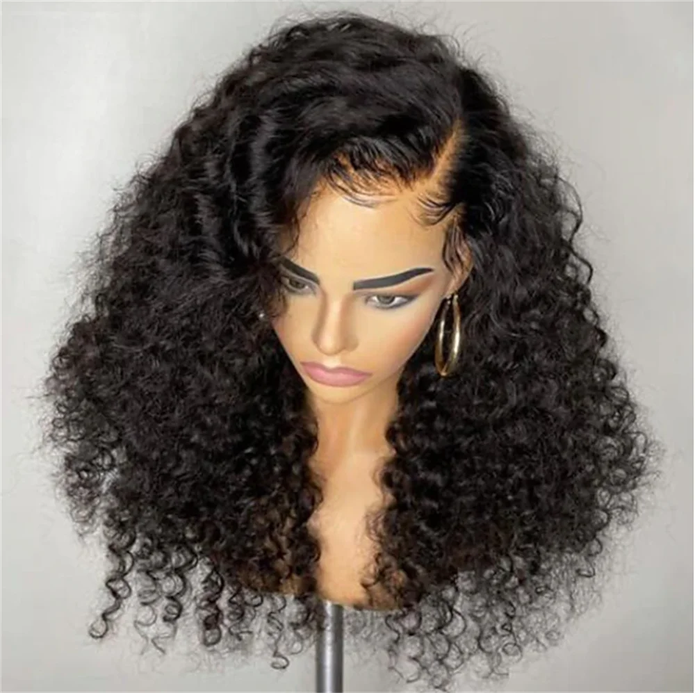 Soft 26 “ Long Kinky Curly Natural Black 180Density Lace Front Wig For Women Babyhair Preplucked Heat Resistant Glueless Daily