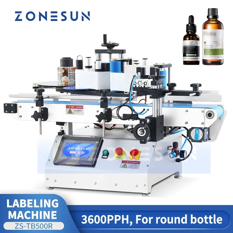 ZONESUN ZS-TB500R Automatic Round Bottle Labeling Machine Tabletop Wrap Around Label Applicator for Jar Can Tube Packaging