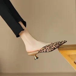 2023 New Pointy Thin Heel Baotou Mid-heel Half Slipper Female Leopard Print All-match Sandals