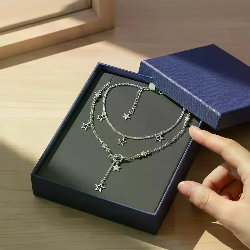 Punk Rock Silberfarbene Vortex-Stern-Anhängerkette, geschichtete Halskette für Damen und Herren, Charms, Y2k Grunge Accessoires, Schmuck