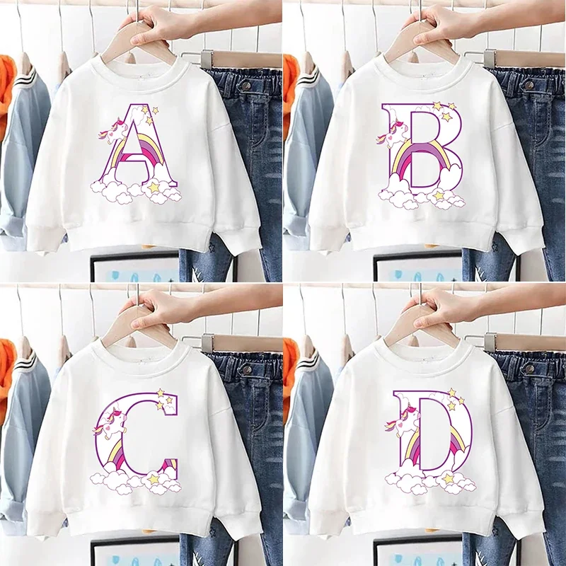 

Children Long Sleeved Hoodie Unicorn Birthday Letter A B C D Kid Casual Clothes O-Neck Pullover Baby Kawaii Boy Girl Sweatshirts