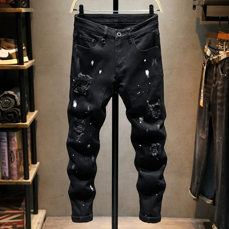 Men Black Jeans Splash Paint Spot Ripped Patch Distressed Washed Stretch Slim Fit Hip Hop Streetwear Denim Jeanshombre