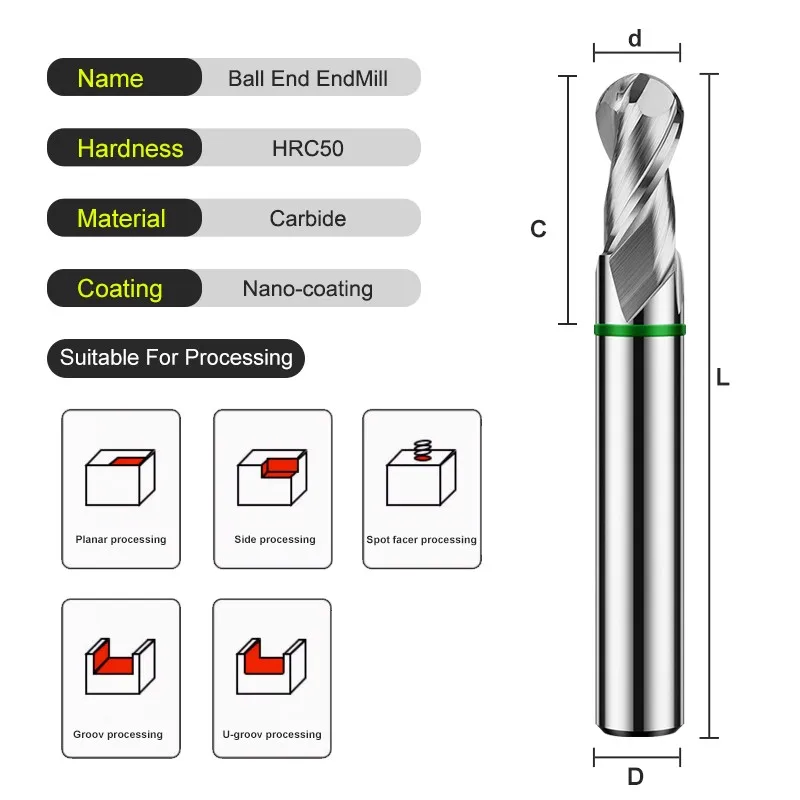 AZZKOR TGH-HRC50 2-Flute Tungsten Steel Carbide For Aluminum Woodworking Milling Cutter CNC Machining Center Ball Nose End Mills