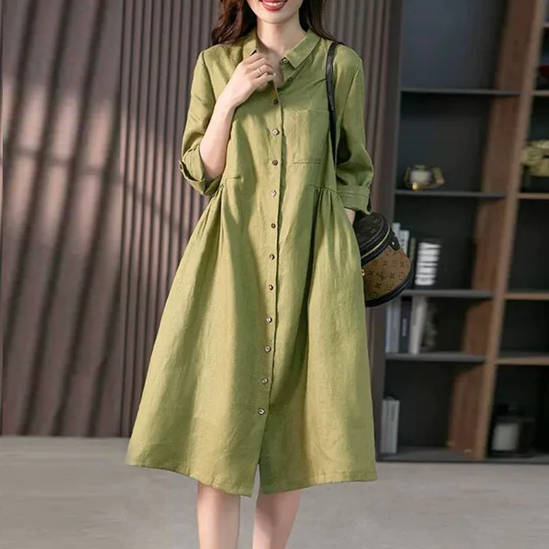 

2026 Summer Loose Solid Color Cotton and Linen Seven-quarter Sleeve Dress Women's Medium and Long Shirt Skirt