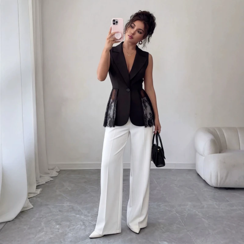 2026 Summer New Trendy Hot Selling Lace Patchwork Sleeveless Suit Slim Fit A-line Length Vest for Women