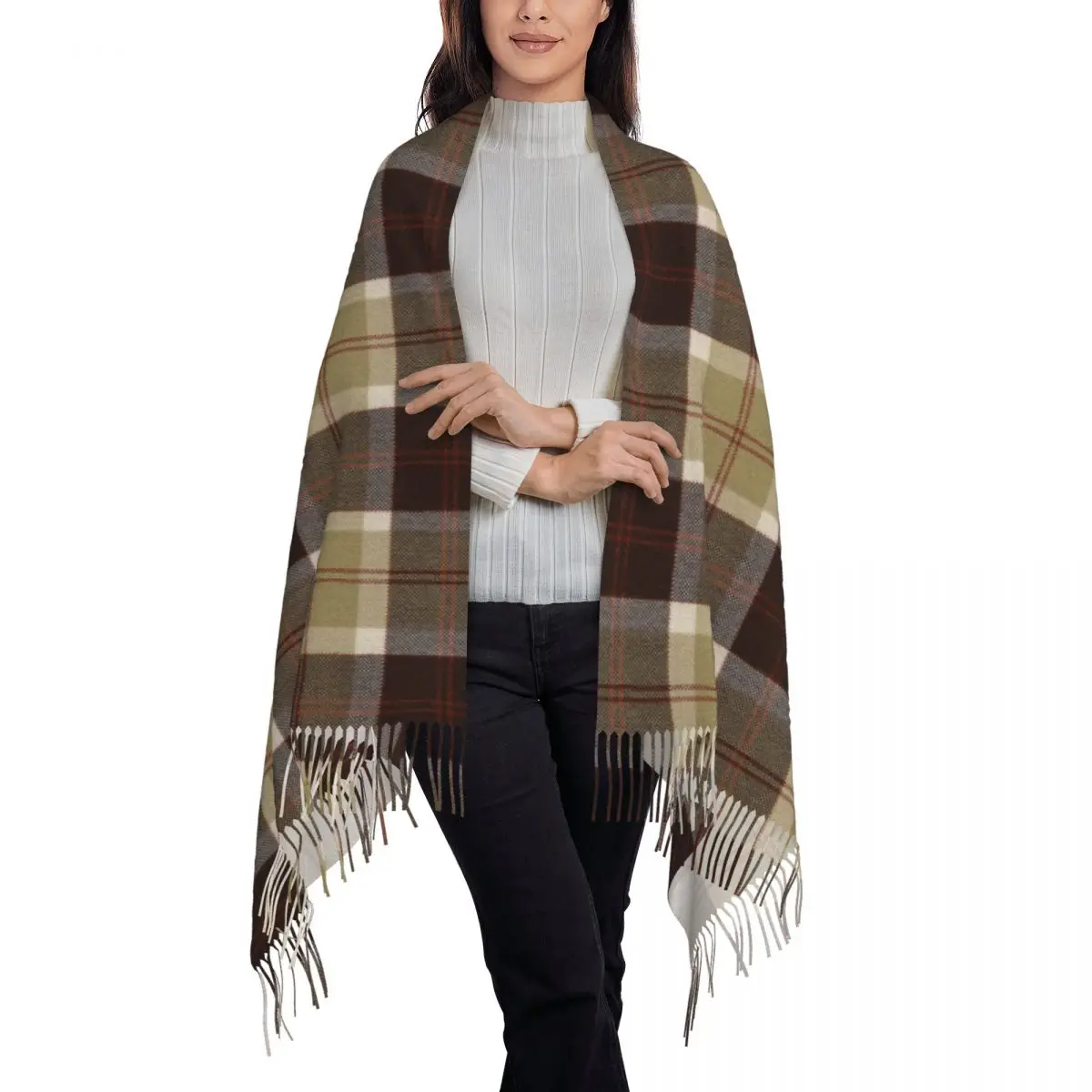 Outlander Leather And Tartan Scarf Tassel Scarves for Women Soft Warm Shawls and Wraps Long Fall Winter Shawl Wrap