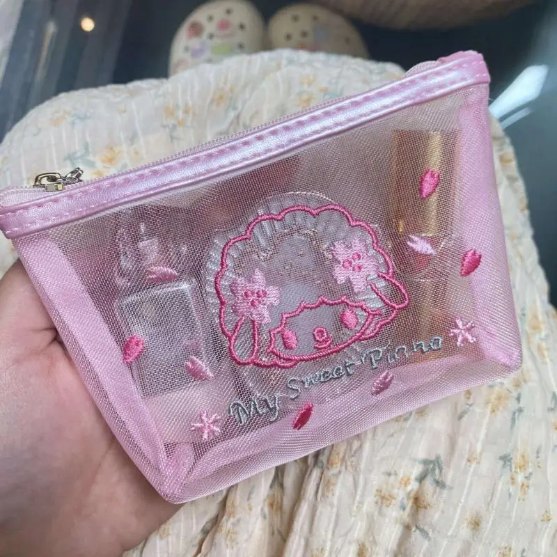 Kawaii My Sweet Piano Mesh Storage Bag Sanrio Anime Cartoon Cosmetic Bag Portable Cherry Blossoms Mesh Zero Wallet Girl Gifts