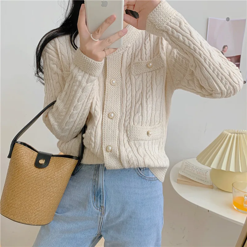 Deeptown White Vintage Women Knitted Cardigan Korean Fashion Long Sleeve Female Sweater Slim Autumn Elegant Knitwear Old Money