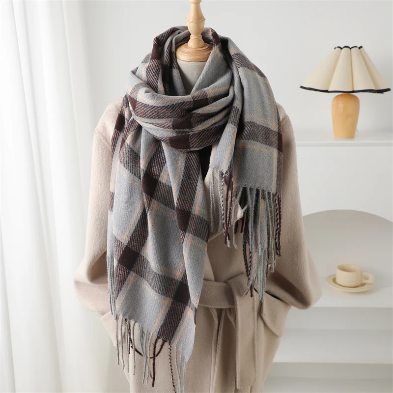 Korean Style Thick Warm Shawl Wrap Winter Plaid Tassel Blanket Cashmere Like Scarf Women Neckerchief Pashmina Poncho Stoles