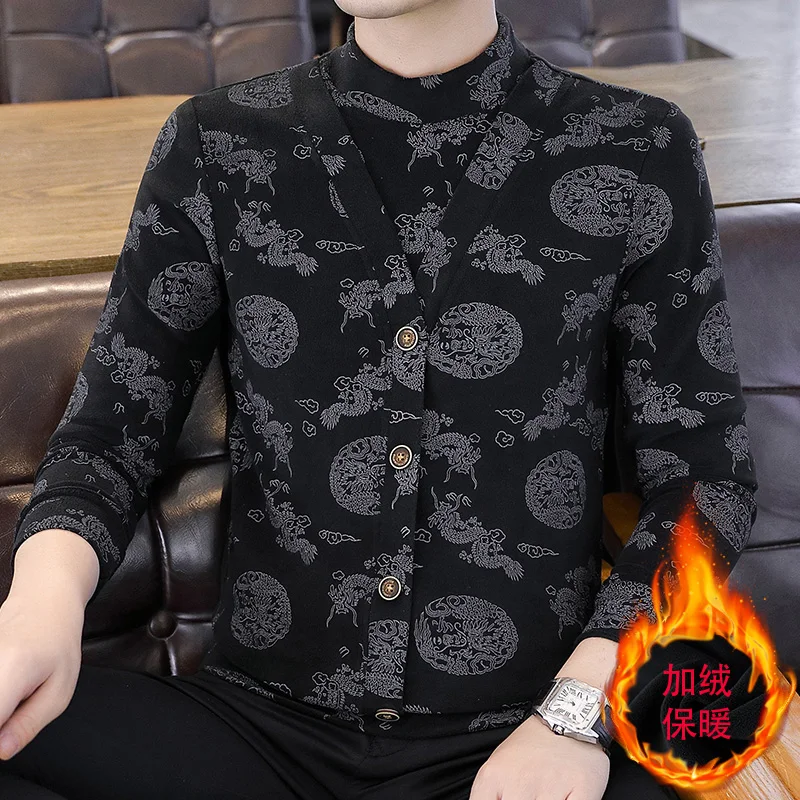 Winter Velvet Fake Two Items Men's T-shirts Long Sleeved Half Turtleneck Retro Casual Bottoming Shirt Tops Social Streetwear