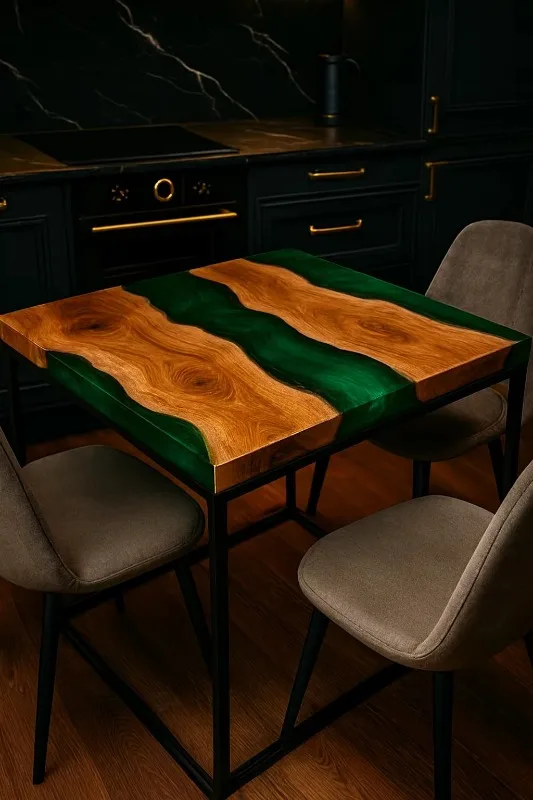 Green resin luxury modern home dining table, square solid acacia wood desktop