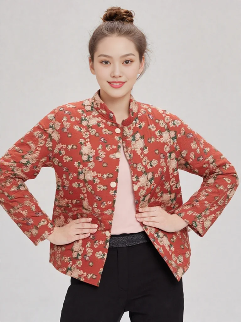 

2025 зимняя хлопковая одежда с цветочным принтом, свободная теплая куртка с воротником-стойкой, стеганая толстая женская однобортная куртка с принтом и широкой талией