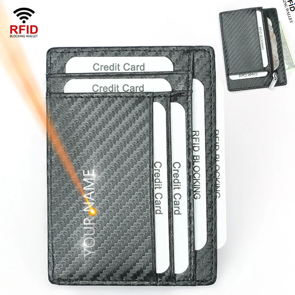 Mini RFID Men Card Wallets Zipper Coin Pocket Carbon Fiber Name Customized Male Wallet High Quality Card Holder Men's Purses