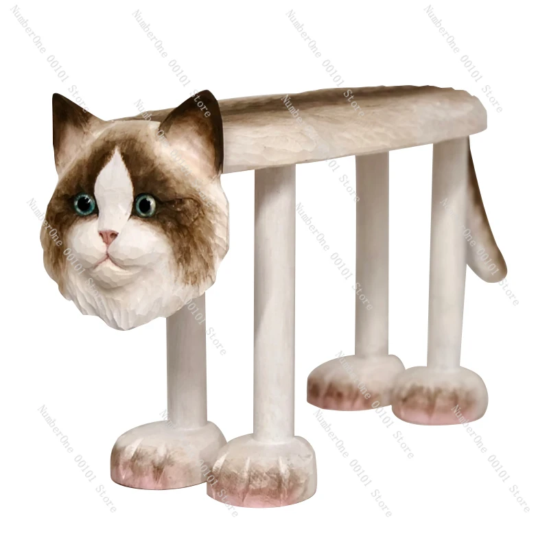 

Solid Wood Hand-Carved Ragdoll Cat Stool, Cute Cartoon European Style Children's Shoe Changing Bench for Kids Room