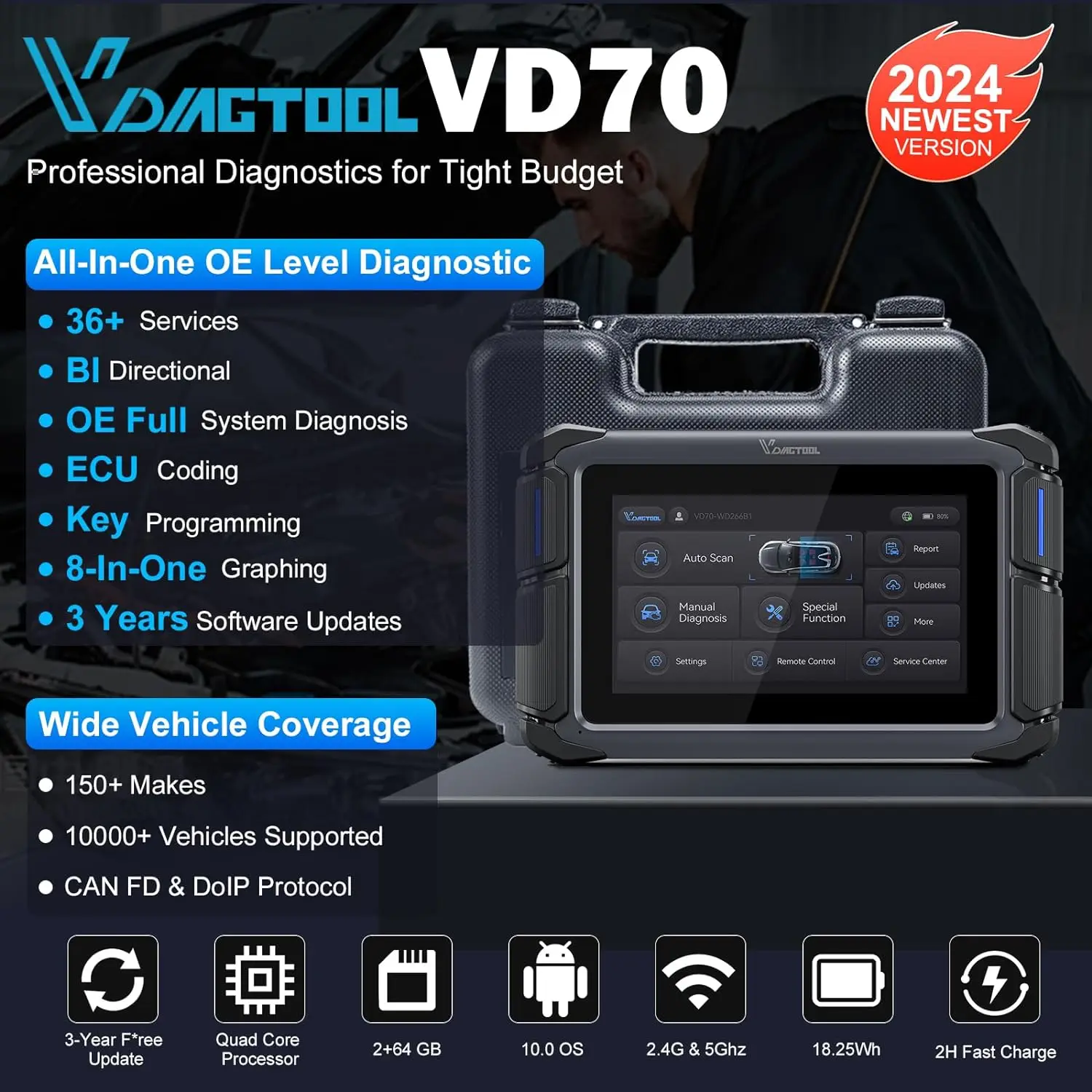 VDIAGTOOL VD70 Car Diagnostic Tools Bidirectional Scan Tool with ECU Coding CAN FD & DoIP 36+ Reset Full System OBD2 Scanner