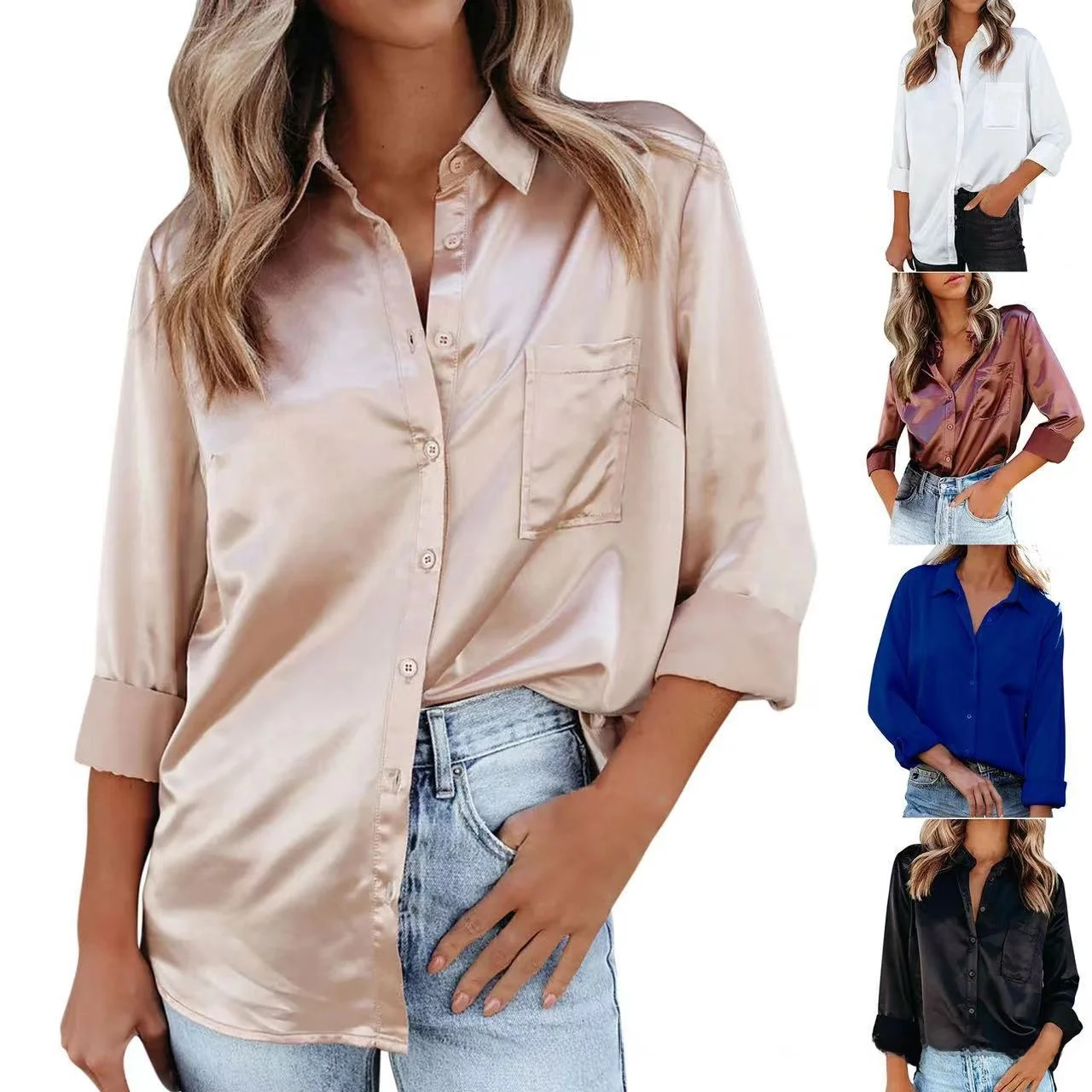 Cardigan ouvert en Fiber de Polyester, chemise mi-longue, élégante, couleur Pure, manches longues, chemise en Satin, col montant