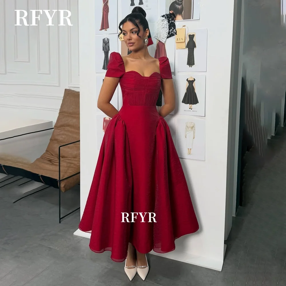 

RFYR Tea Length Prom Dress A Line Party Dress Short Sleeve Princess Dress Sweetheart Evening Dress for Arabic Women Customized