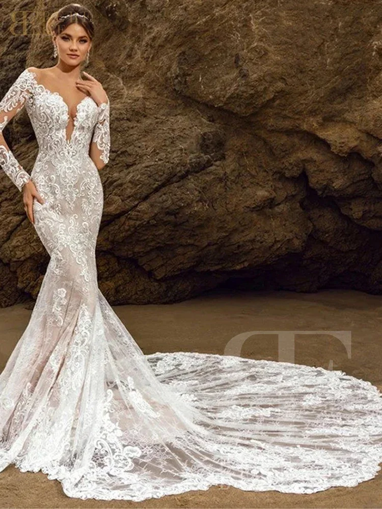 

Gorgeous Lace Wedding Dresses for Bride Mermaid Off Shoulder Long Sleeves With Chapel Train Bridal Gown Robes De Mari Customized