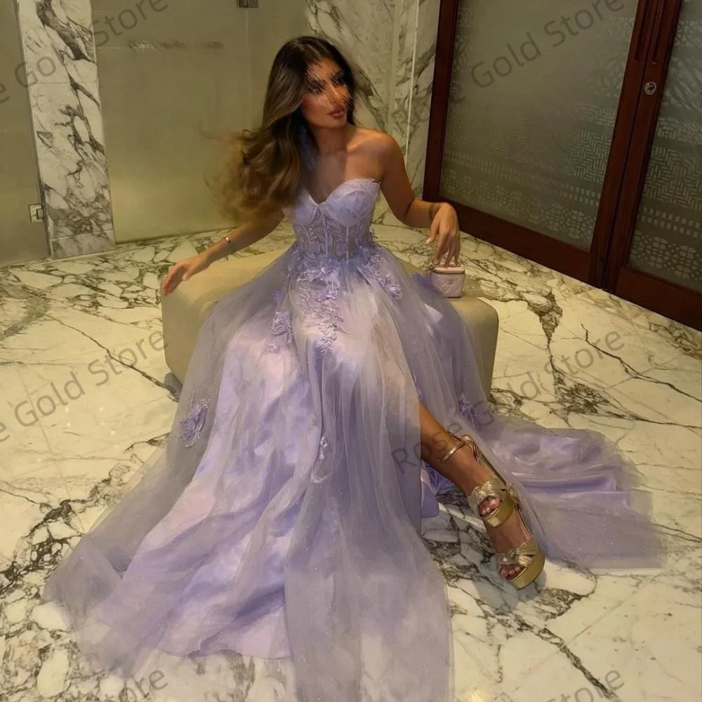 Een schouder paarse avondjurk op maat gemaakte kanten applicaties vestidos de noche romantische hoge split prom feestjurken formele dressing
