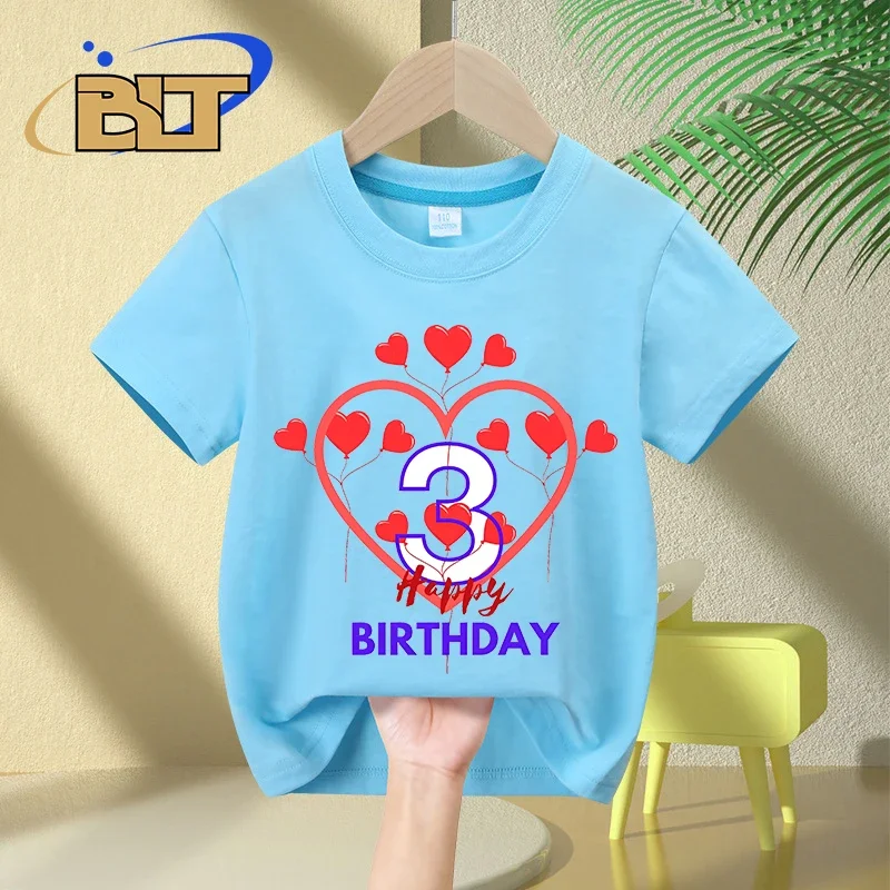 Kaos musim panas anak motif pesta ulang tahun ketiga kaos katun lengan pendek anak laki-laki dan perempuan cocok