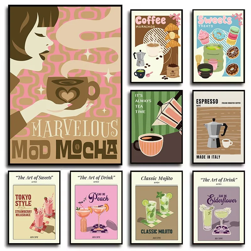 Póster de Lona con Diseño de Bebidas de Moda, Serie de Alimentos con Alcohol, Café, Dulces, Matcha, Croissant, Arte de Pared, Decoración del Hogar