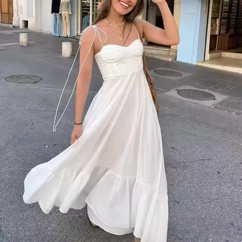 HXAO White Long Dresses 2024 Women Summer Elegant Evening Party Butterfly Midi Dress Ladies Fashion Pleated Slip Dress Vestidos